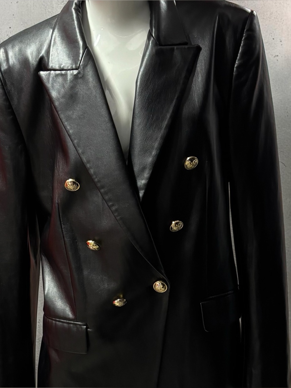 Zara Black Faux-Leather Double-Breasted Blazer with Gold Buttons
